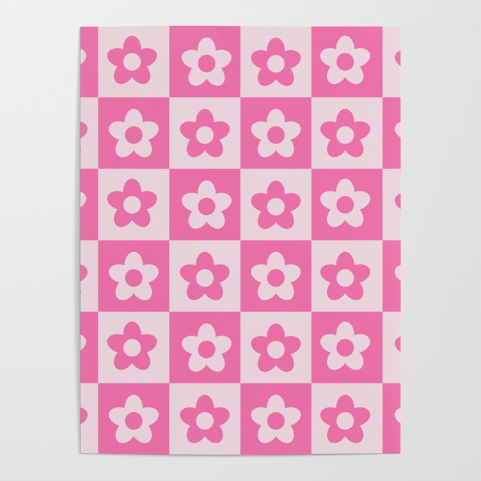 Hot Pink and White Retro Checkered Flower Pattern Poster