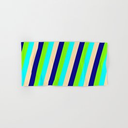[ Thumbnail: Green, Cyan, Tan & Dark Blue Colored Stripes Pattern Hand & Bath Towel ]