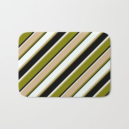 [ Thumbnail: Mint Cream, Tan, Green & Black Colored Stripes/Lines Pattern Bath Mat ]