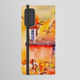 AUTUMN COTTAGE Whimsical Rustic Fall Season Pumpkin Country House Watercolor Painting Android Wallet Case