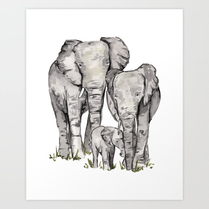 Elephant Family, Elephant Watercolor Painting, Animal Family Art Print