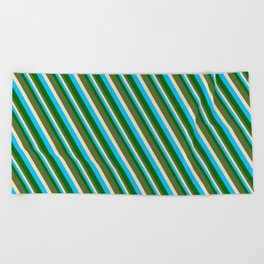 [ Thumbnail: Deep Sky Blue, Dark Green, Dark Olive Green & Tan Colored Pattern of Stripes Beach Towel ]