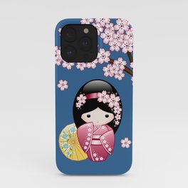 Japanese Spring Kokeshi Doll on Blue iPhone Case | Geisha, Kimono, Japan, Girl, Japanese, Doll, Kokeshi, Vector, Kawaii, Asian 