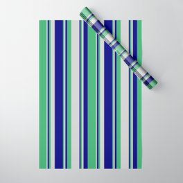 [ Thumbnail: Blue, Sea Green, and Light Grey Colored Lines/Stripes Pattern Wrapping Paper ]