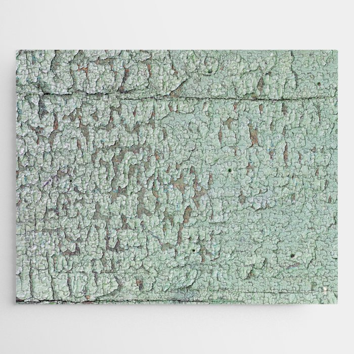 Part of wood with peeled green paint, abstract texture Jigsaw Puzzle