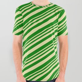 [ Thumbnail: Pale Goldenrod & Green Colored Stripes/Lines Pattern All Over Graphic Tee ]