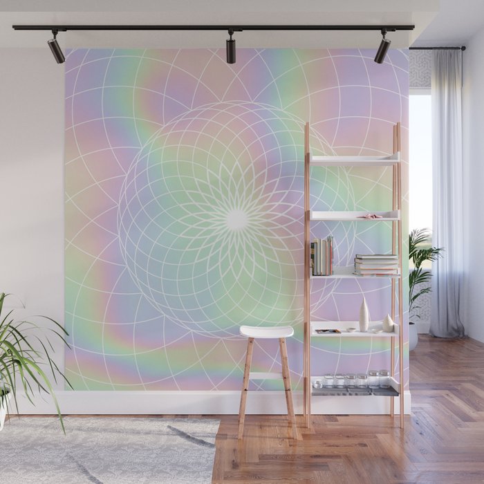 Sacred Geometric Holographic Circular Modern Floral Art, Retro Pastel Rainbow Hologram  Wall Mural