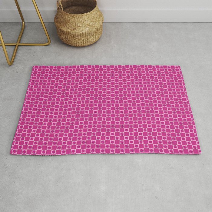Pretty Hot Pink 3D Stars on Two Tone Pale and Bright Pink Check Pattern Background Rug