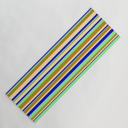 [ Thumbnail: Light Green, Dark Goldenrod, Beige, and Blue Colored Stripes/Lines Pattern Yoga Mat ]