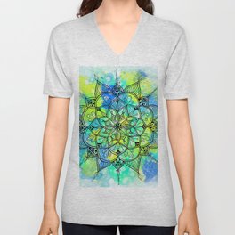 Yellow Green Blue Mandala - Paint Splatter Ray Design  V Neck T Shirt