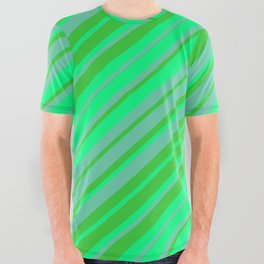 [ Thumbnail: Aquamarine, Lime Green & Green Colored Striped/Lined Pattern All Over Graphic Tee ]