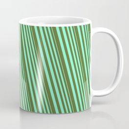 [ Thumbnail: Aquamarine & Dark Olive Green Colored Lines/Stripes Pattern Coffee Mug ]