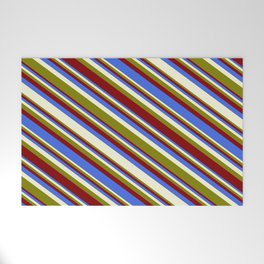 [ Thumbnail: Green, Maroon, Royal Blue, and Beige Colored Stripes/Lines Pattern Welcome Mat ]
