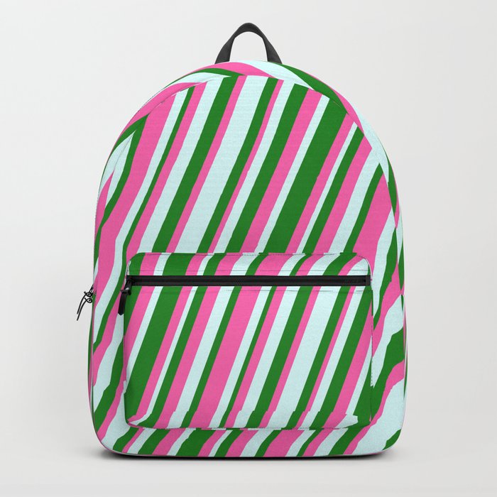 Forest Green, Hot Pink, and Light Cyan Colored Stripes/Lines Pattern Backpack