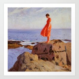 The Dark Pool, Solitary Woman in an Orange Dress coastal landscape painting by Laura Knight Art Print