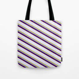 [ Thumbnail: Lavender, Dark Khaki, Blue, Maroon, and Aquamarine Colored Striped/Lined Pattern Tote Bag ]