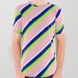 [ Thumbnail: Vibrant Light Green, Pink, White, Blue & Light Sea Green Colored Lined/Striped Pattern All Over Graphic Tee ]