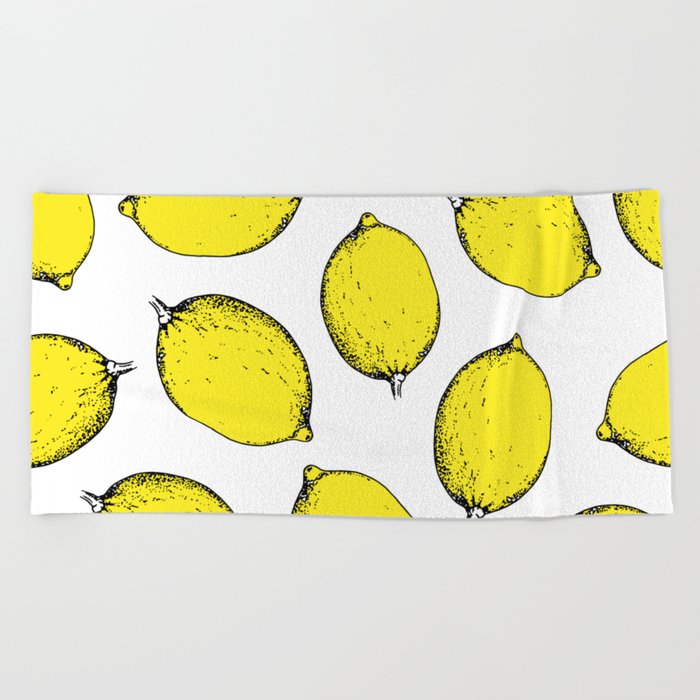 Yellow lemons. Pattern. Engraving Beach Towel