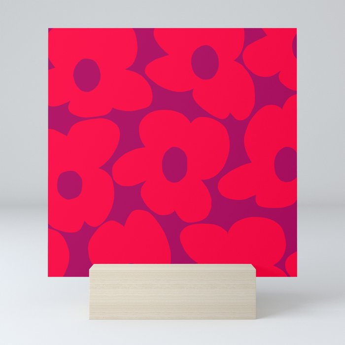 Large Retro Flowers Bright Red Petals on Purple Background #decor #society6 #buyart Mini Art Print