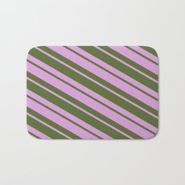 [ Thumbnail: Dark Olive Green & Plum Colored Striped Pattern Bath Mat ]