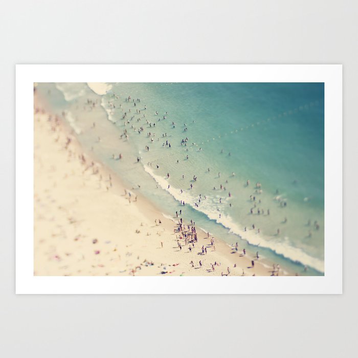 Aerial Beach - Crowded Beach - Pastel Ocean - Crashing Waves - Sea Travel photography Art Print