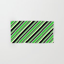 [ Thumbnail: Dark Grey, Lime Green, Light Yellow, and Black Colored Pattern of Stripes Hand & Bath Towel ]