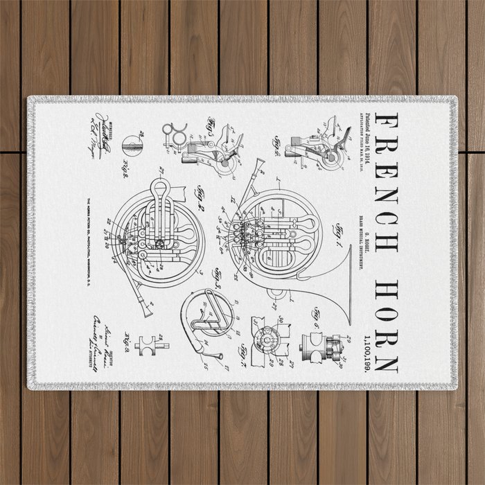 French Horn Old Vintage Antique Patent Drawing Print Outdoor Rug