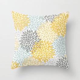 Floral Pattern, Yellow, Pale, Aqua and Gray Throw Pillow
