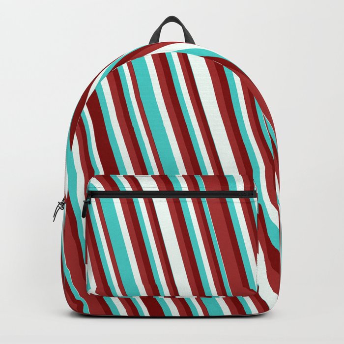 Turquoise, Maroon, Brown & Mint Cream Colored Pattern of Stripes Backpack