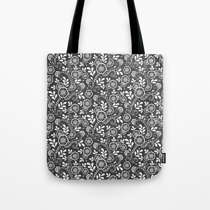 Dark Grey And White Eastern Floral Pattern Tote Bag