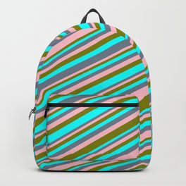 [ Thumbnail: Cyan, Slate Gray, Pink & Green Colored Lines Pattern Backpack ]