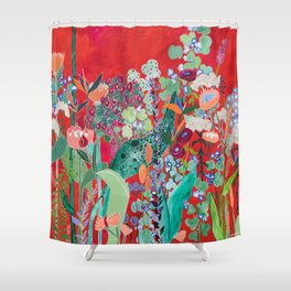 Red floral Jungle Garden Botanical featuring Proteas, Reeds, Eucalyptus, Ferns and Birds of Paradise Shower Curtain