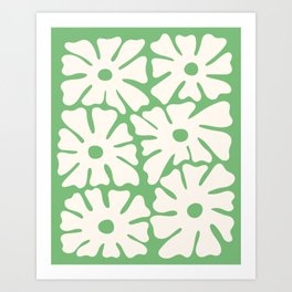 Mid-Century Flowers in Green & White Art Print
