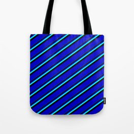 [ Thumbnail: Aqua, Black & Blue Colored Lines/Stripes Pattern Tote Bag ]