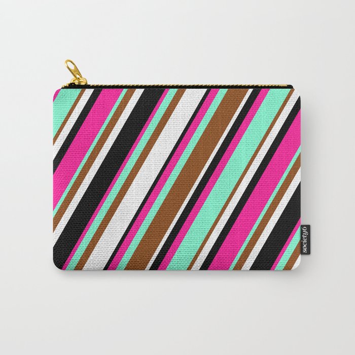 Vibrant Deep Pink, Aquamarine, Brown, White, and Black Colored Striped Pattern Carry-All Pouch