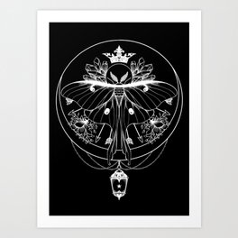 The Dreamwalker Art Print | Moth, Moon, Crystals, Crown, Drawing, Ink Pen, Lunamoth, Lantern, Digital, Floral 