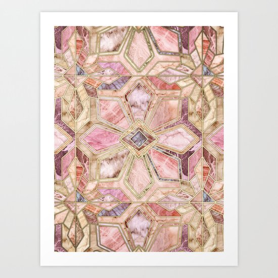 Geometric Gilded Stone Tiles in Blush Pink, Peach and Coral Art Print