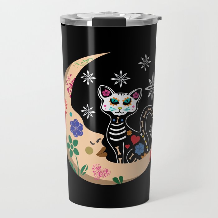 Muertos Day Of Dead Sugar Skull Cat Moon Halloween Travel Mug