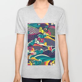Colorful Koinobori carp streamer, carp-shaped windsocks hand drawn illustration pattern. Japanese traditional koi pattern V Neck T Shirt