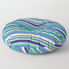 [ Thumbnail: Dark Sea Green, Dark Cyan, Royal Blue, Pale Goldenrod, and Midnight Blue Colored Stripes Pattern Floor Pillow ]