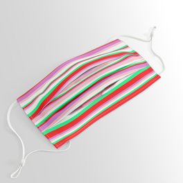 [ Thumbnail: Colorful Green, Red, Orchid, Pink, and White Colored Pattern of Stripes Face Mask ]