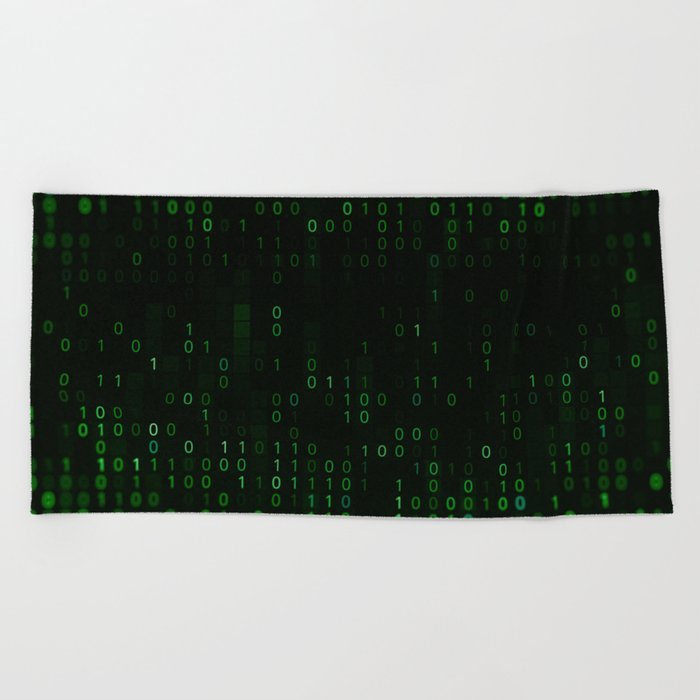 Green background of matrix with binary code Beach Towel