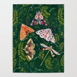 Moths and dragonfly Poster | Curated, Gouache, Painting, Paint, Dragonfly, Watercolor, Botanical, Green, Leaf, Artistic 