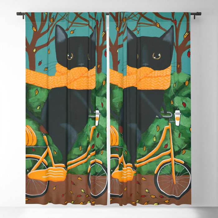Black Cat Autumn Bicycle Ride Blackout Curtain