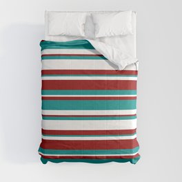 [ Thumbnail: Dark Red, Dark Cyan, and White Colored Striped Pattern Comforter ]