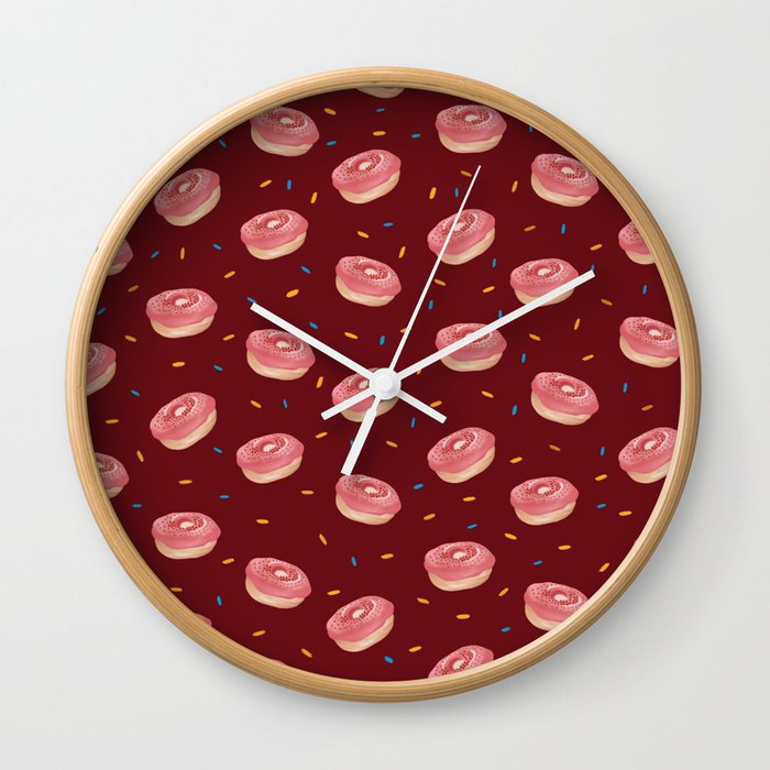 Cute Doughnut Print On Maroon Background Pattern Wall Clock