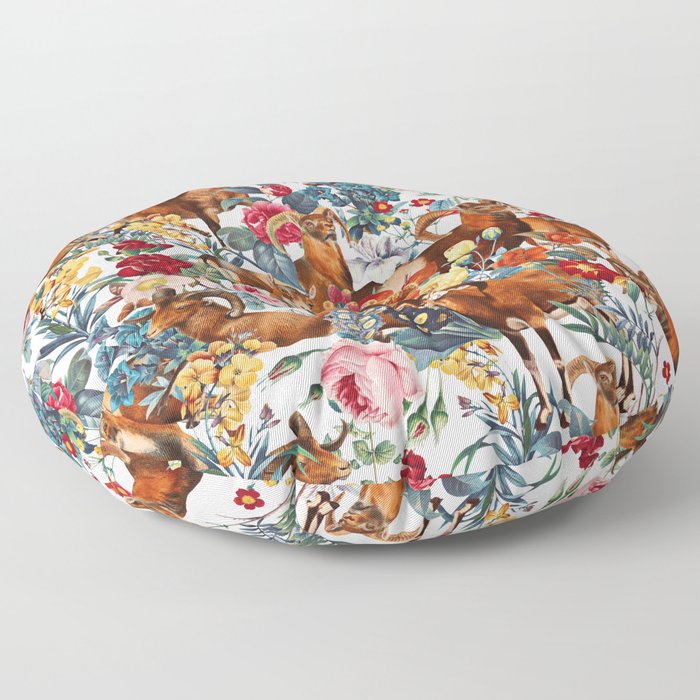 Capra Cylindricornis and Floral Pattern Floor Pillow