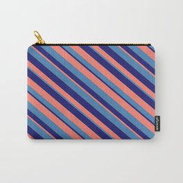 [ Thumbnail: Blue, Midnight Blue, and Salmon Colored Stripes Pattern Carry-All Pouch ]