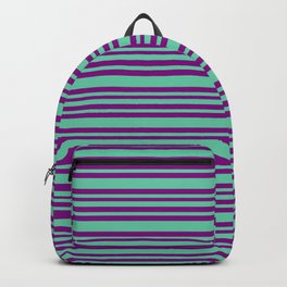 [ Thumbnail: Aquamarine & Purple Colored Striped/Lined Pattern Backpack ]