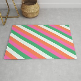 [ Thumbnail: Mint Cream, Coral, Hot Pink, and Sea Green Colored Lined Pattern Rug ]